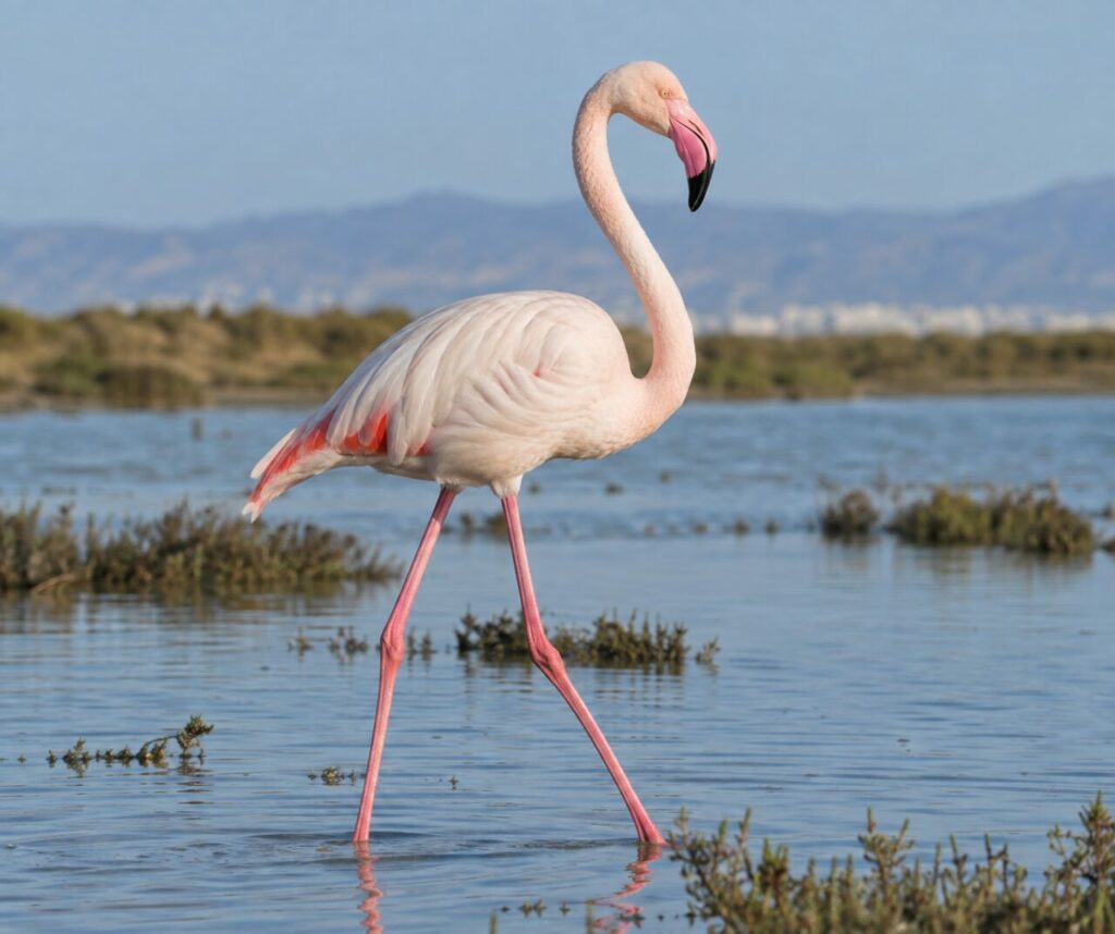 Flamant rose dans une lagune peu profonde