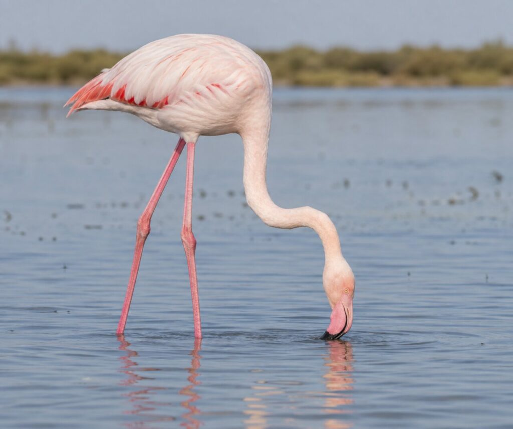 Flamant rose en vol au-dessus de la lagune