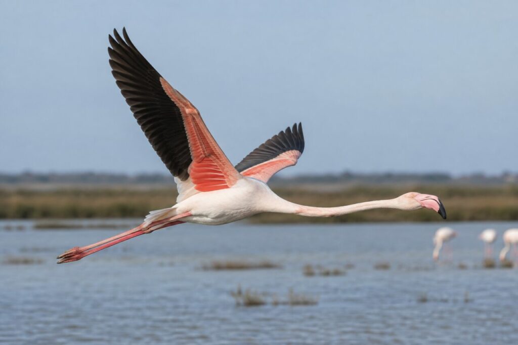 Flamant rose aux ailes déployées au-dessus de la zone humide