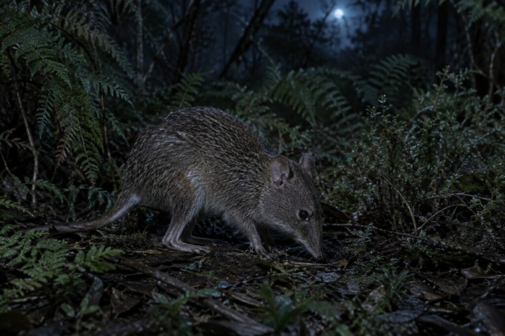 Potoroo à long nez actif dans la végétation basse nocturne