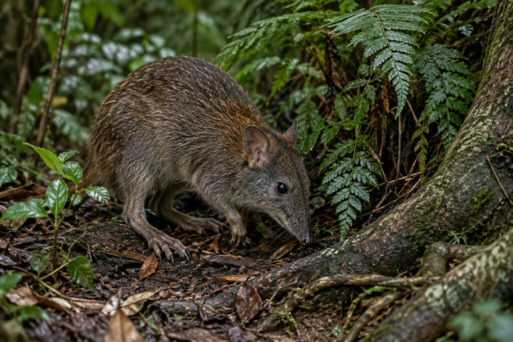 Potoroo à long nez près d’une fougère et de racines australiennes