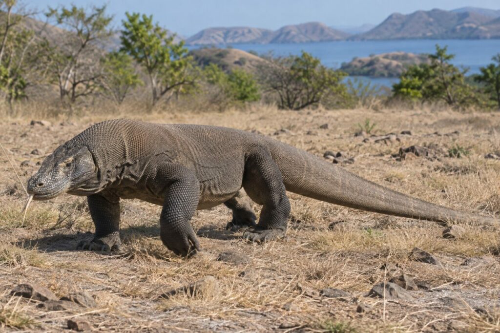 Dragon de Komodo sur une île sèche face à la mer