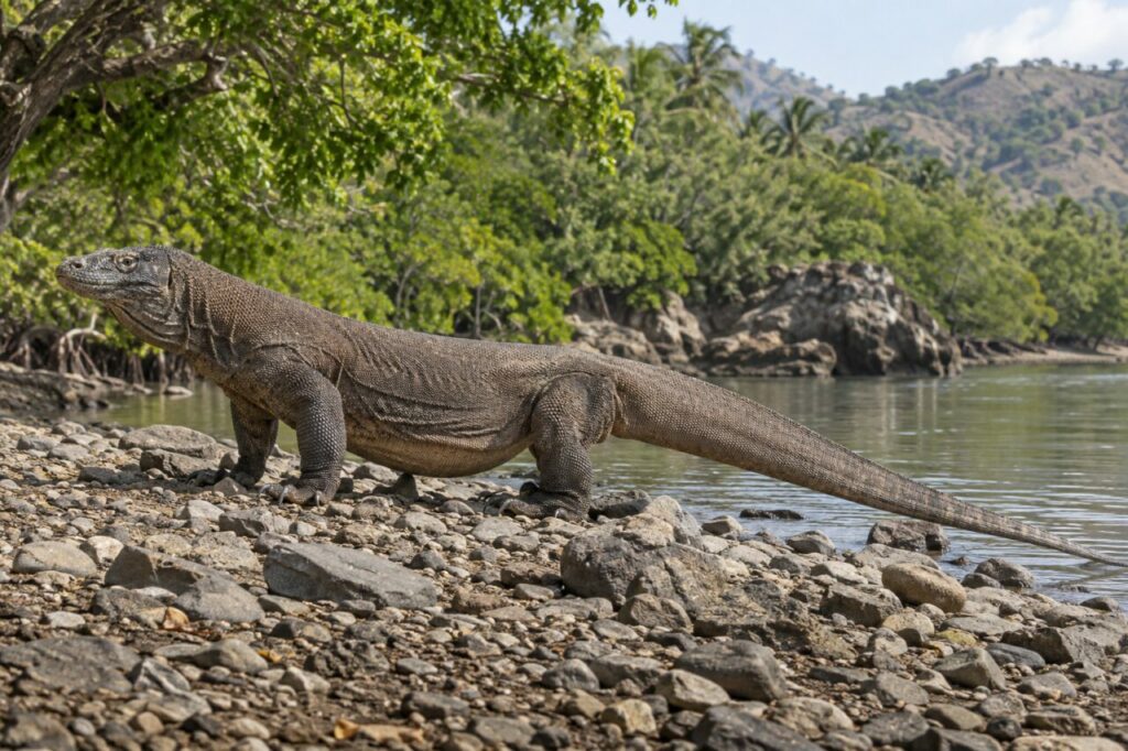 Dragon de Komodo sur une rive rocheuse