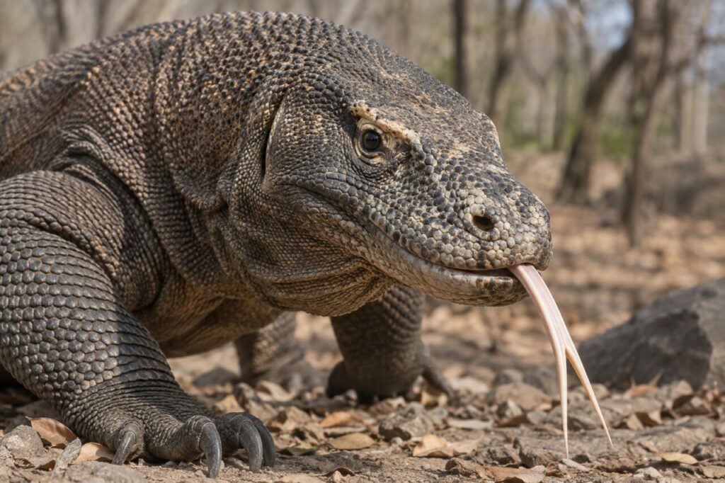 Tête de dragon de Komodo et langue bifide