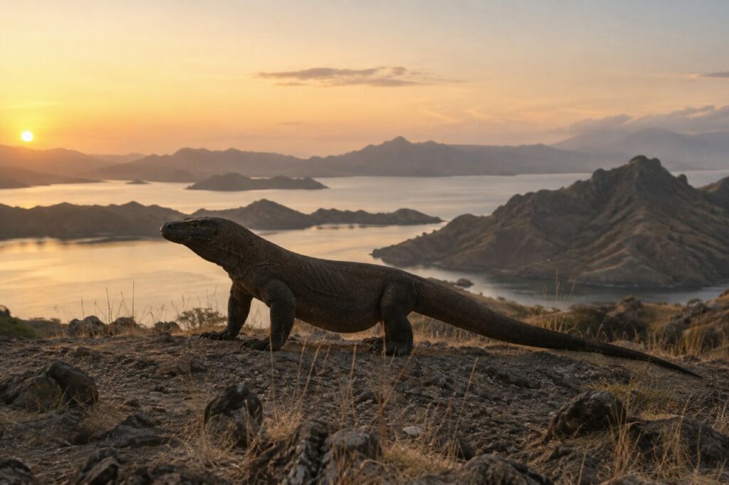 Dragon de Komodo au coucher du soleil sur une colline