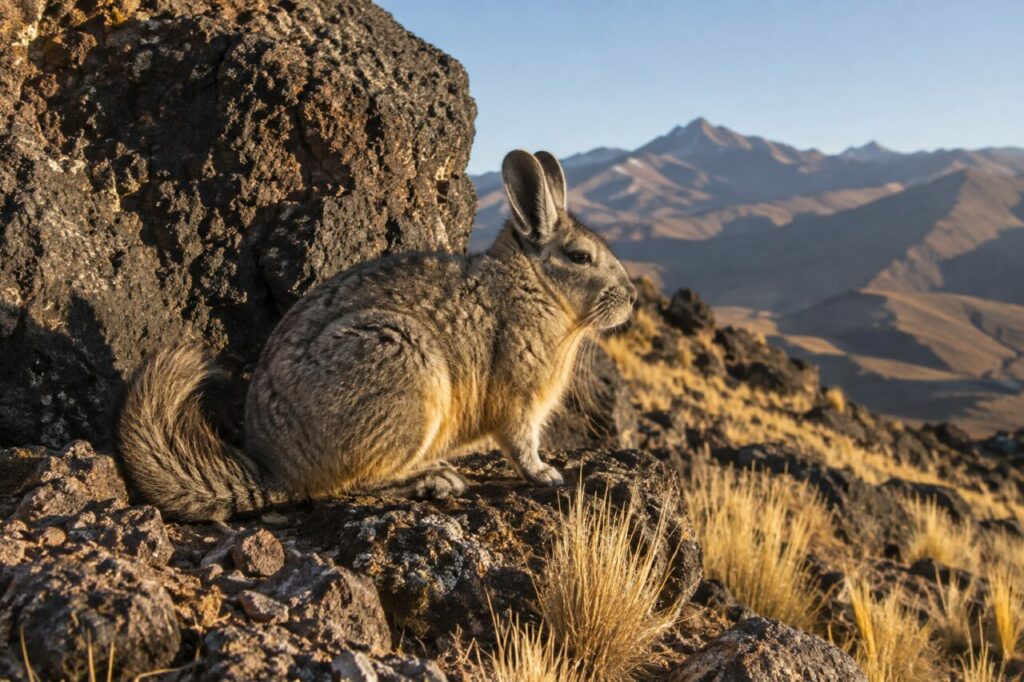 Viscacha des montagnes près d’un basalte de haute altitude