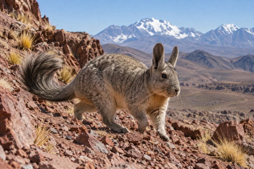 Viscacha grise traversant le pierrier rouge sous les Andes