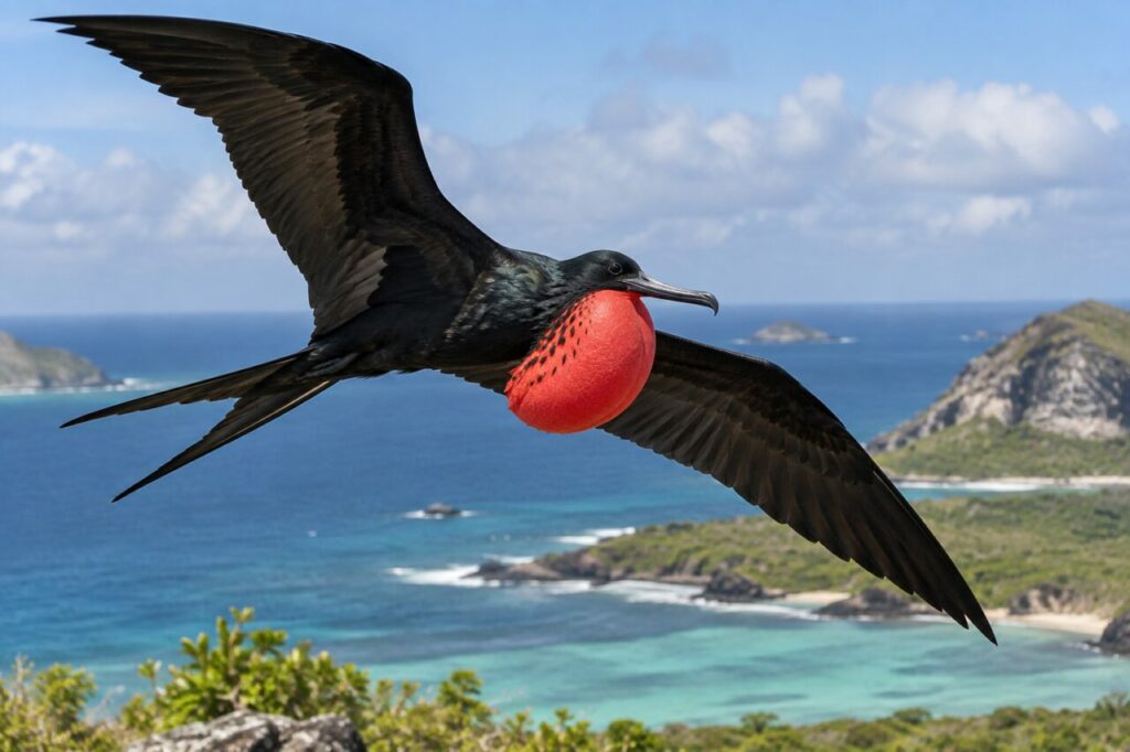 Fragata magnífica del litoral tropical — a male with an inflated red throat pouch