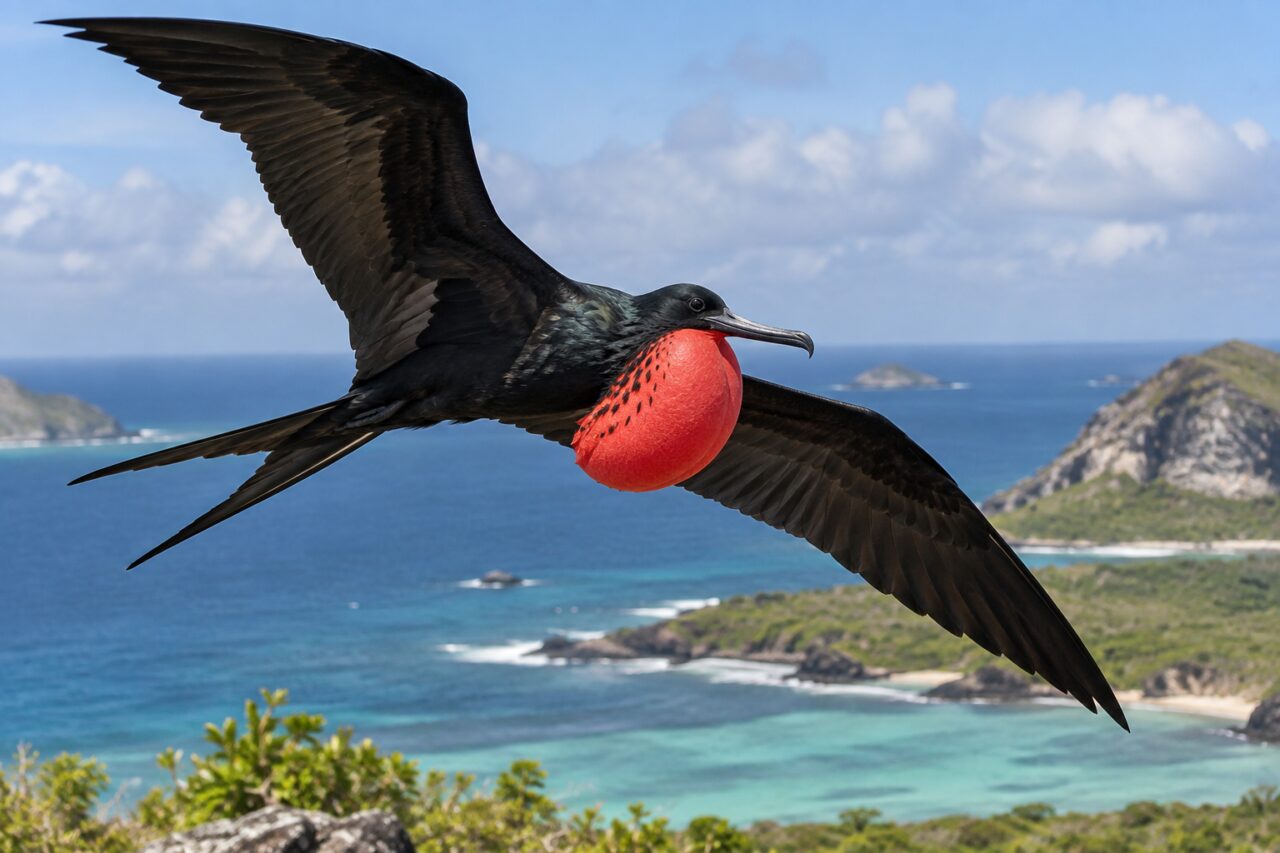 Fragata magnífica del litoral tropical — a male with an inflated red throat pouch
