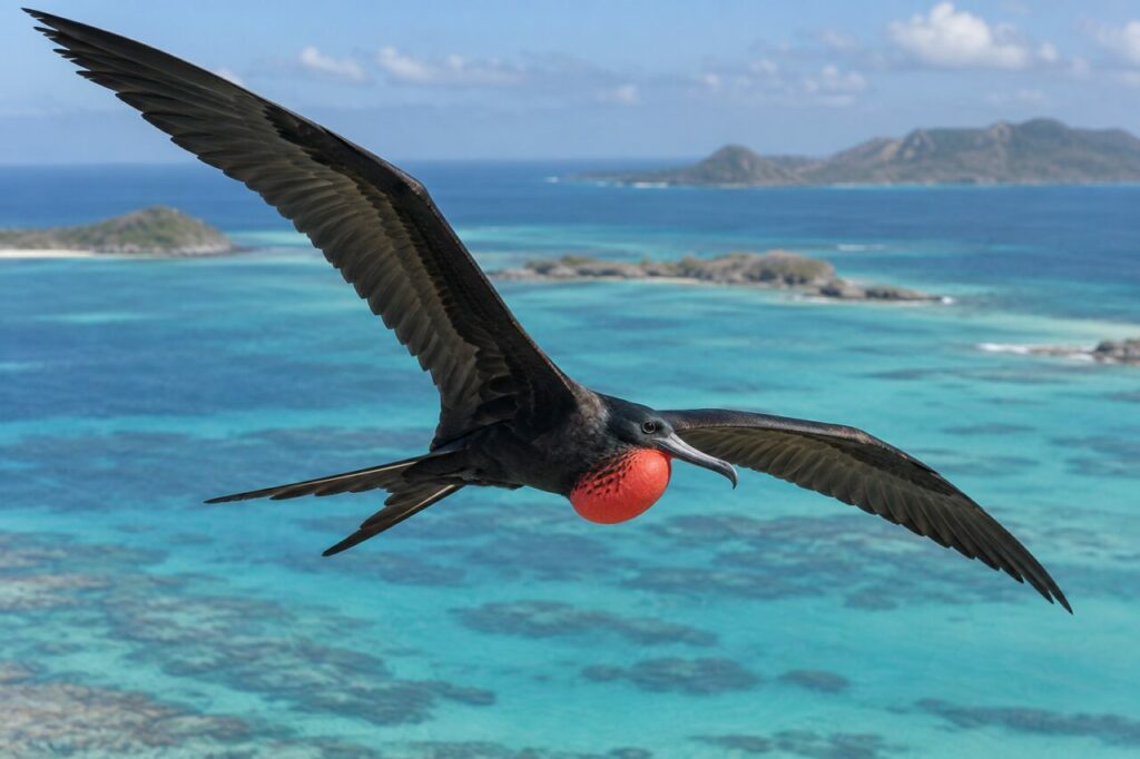 Fragata magnífica del litoral tropical — gliding above turquoise water