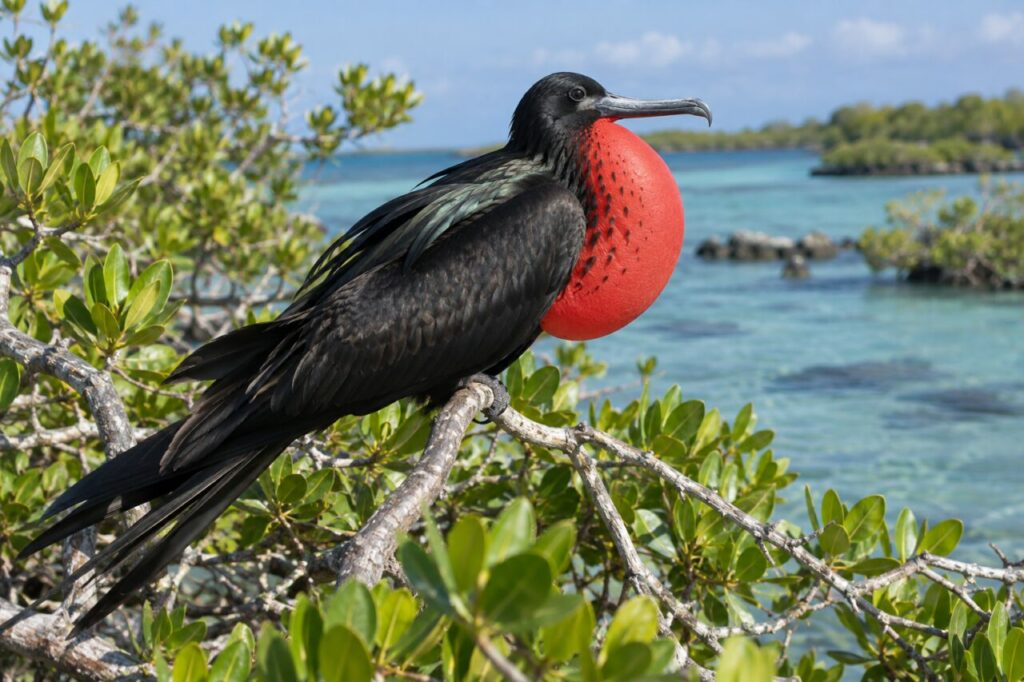 Fragata magnífica del litoral tropical — perched on a coastal mangrove branch