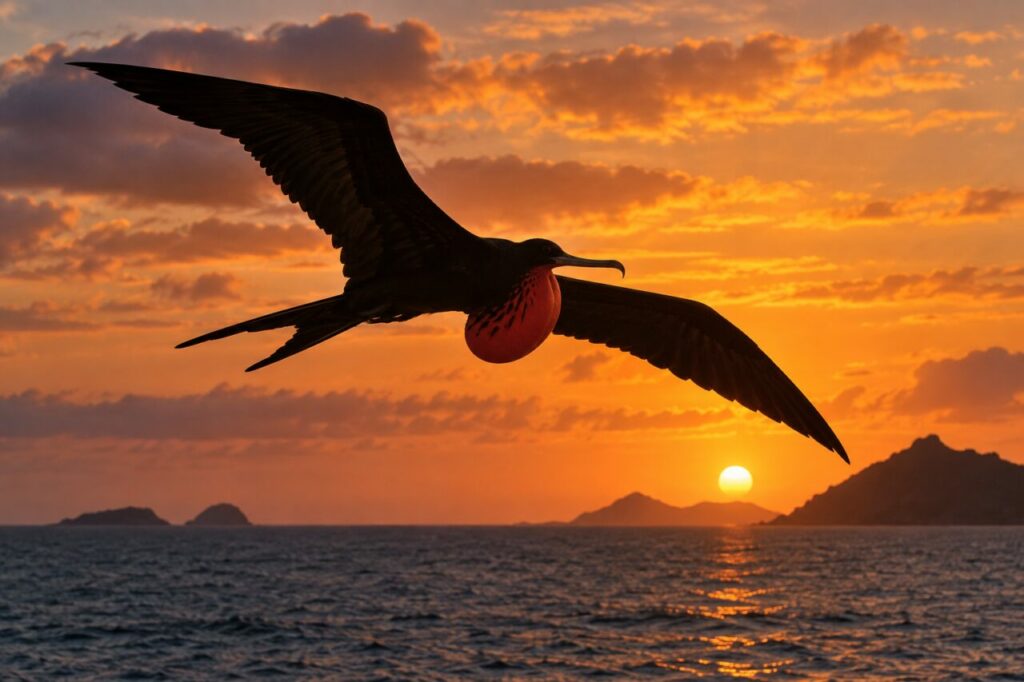 Fragata magnífica del litoral tropical — silhouetted over a tropical sunset sea