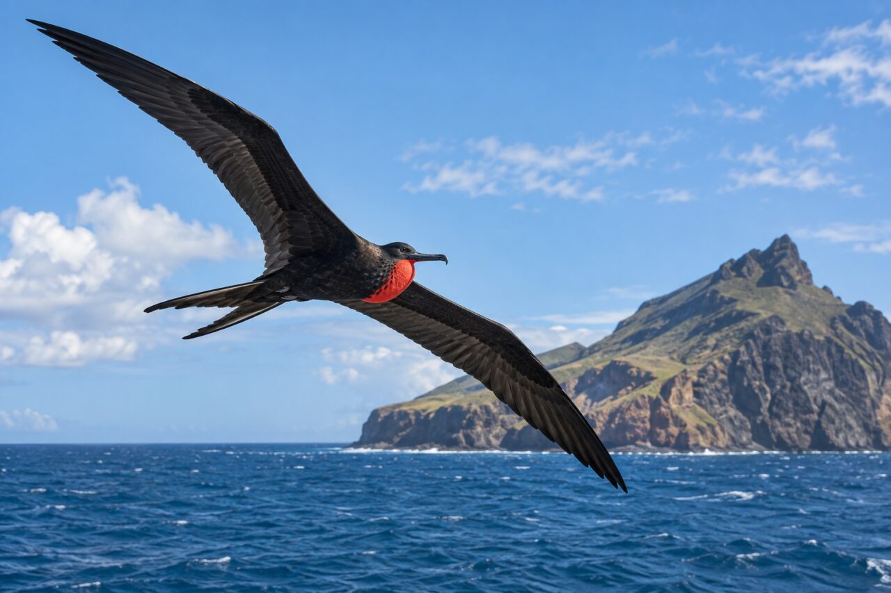 Prachtfregattvogel über der Tropenküste — soaring beside a volcanic island