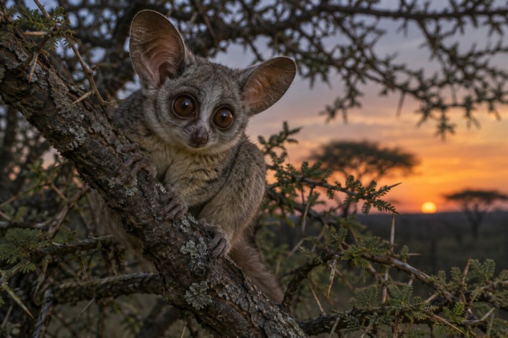 Gálago-grande africano — close portrait among acacia twigs