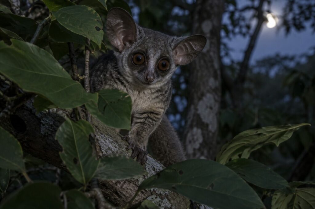Gálago-grande africano — peering from broad leaves