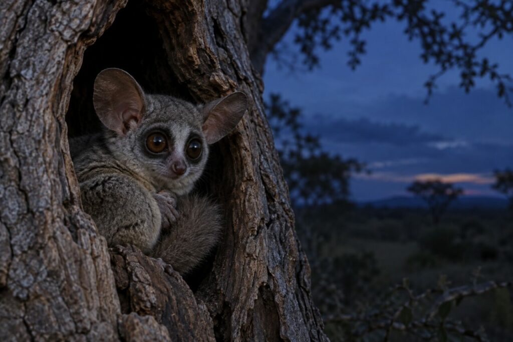 Gálago-grande africano — resting in a hollow tree at nightfall