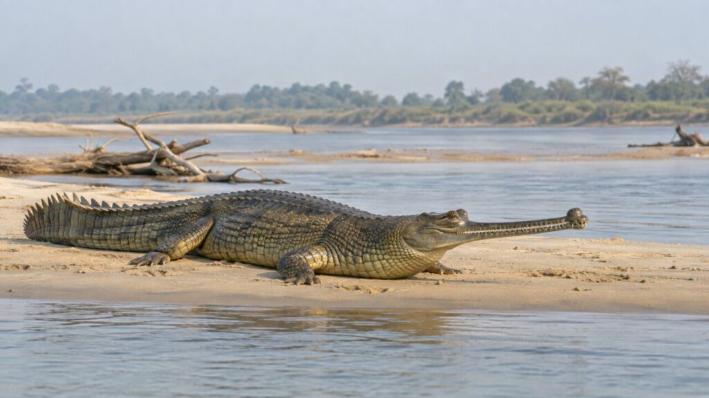 Sur un banc de sable, un gavial du Gange mâle au bord du fleuve
