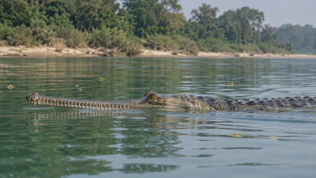 À la surface du fleuve nage un gavial du Gange au long museau