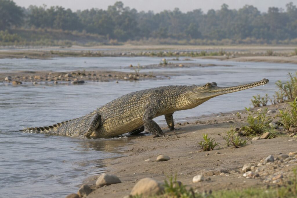 Depuis le courant, un gavial du Gange gagne la rive sableuse