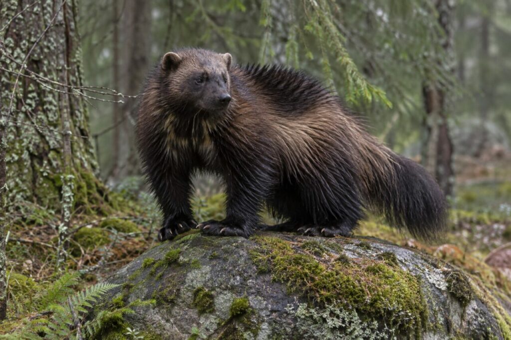 Glouton sur un rocher moussu dans une forêt boréale humide