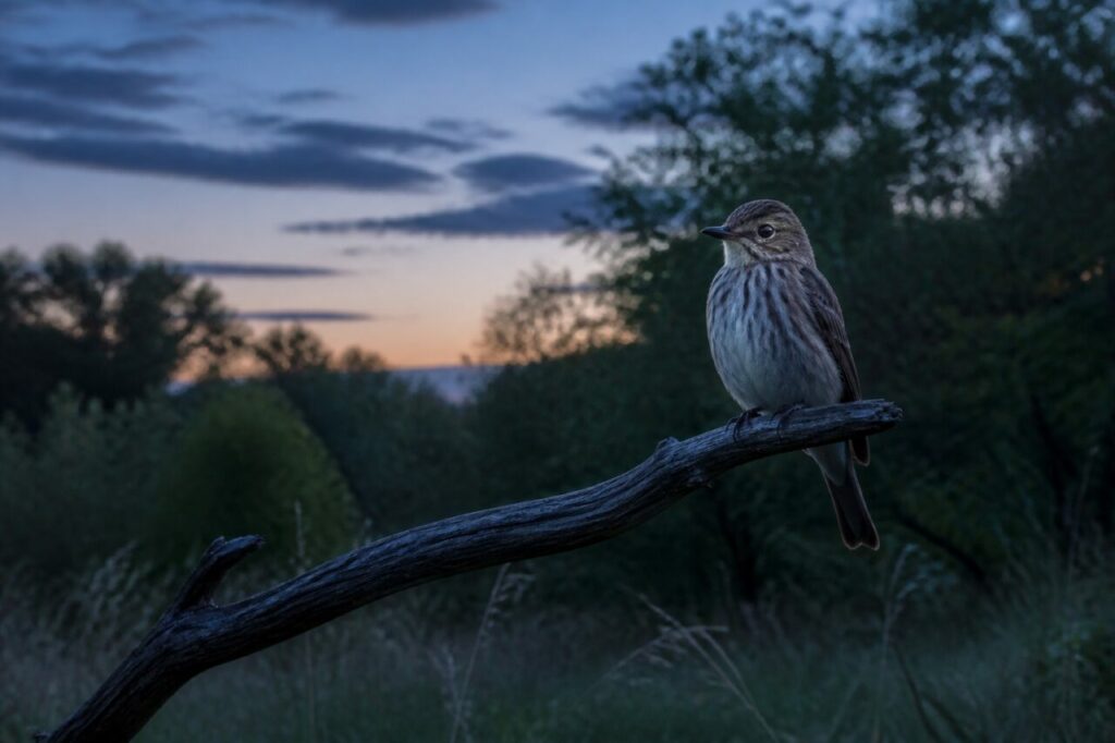 Gobe-mouche gris sur branche morte dans une clairière de lisière à l’heure bleue