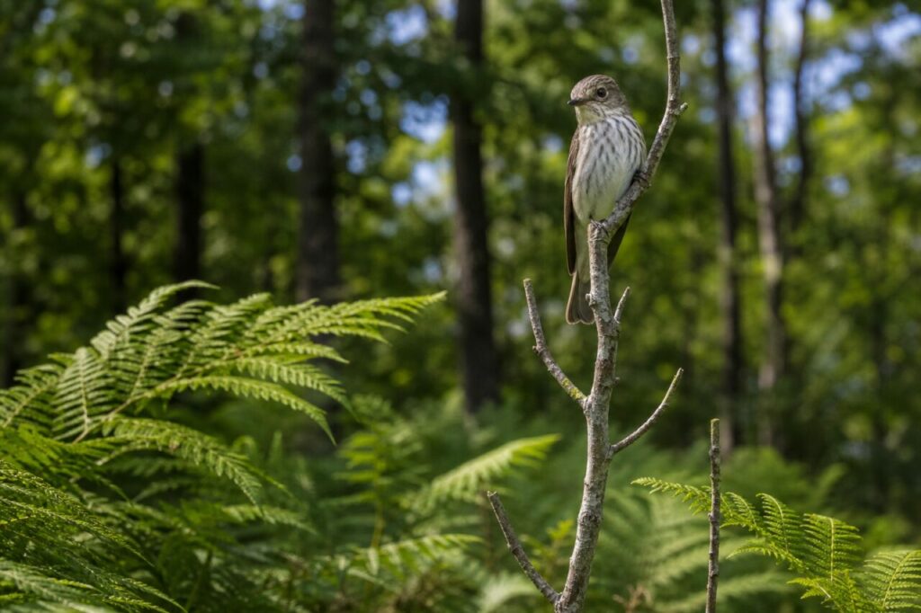 Gobe-mouche gris perché sur un jeune arbre au-dessus des fougères de lisière