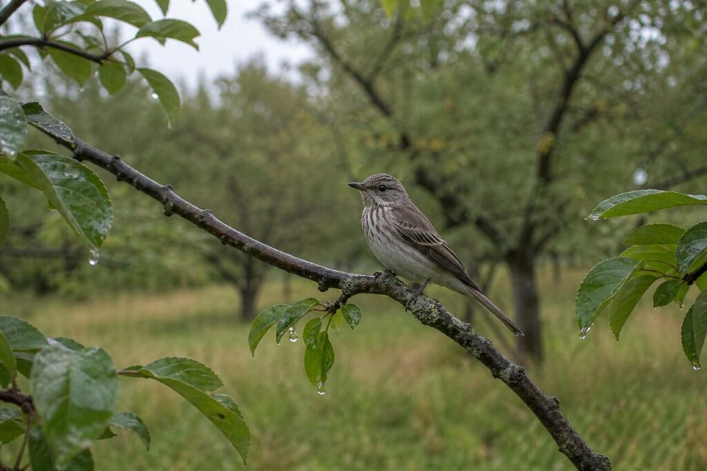 Gobe-mouche gris de profil sur branche de pommier mouillée après la pluie