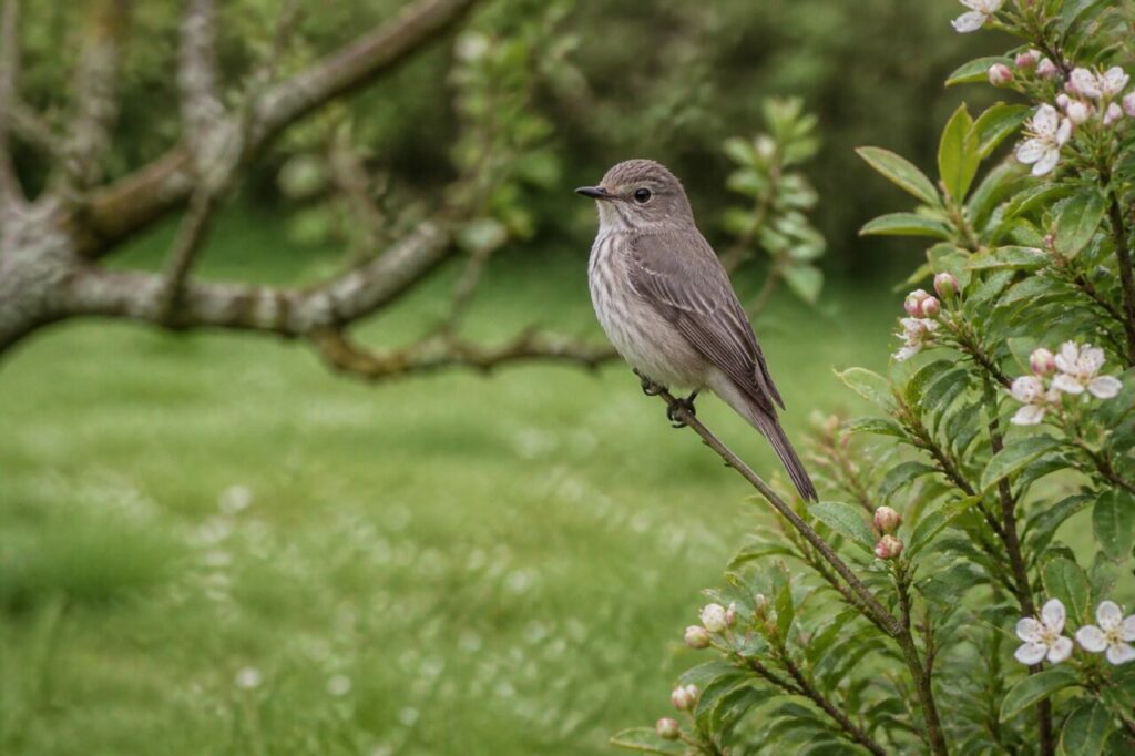 Gobe-mouche gris solitaire sur brindille près d’une haie fleurie de jardin