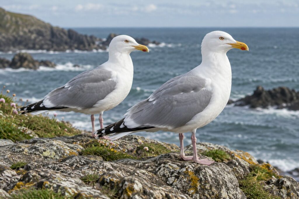 Gaviota argéntea de la costa templada — a pair on a rocky coastal ledge