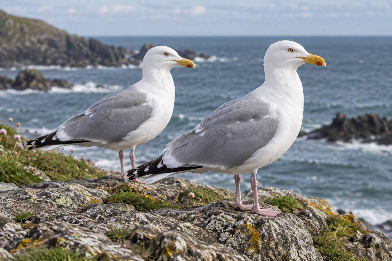 Silbermöwe an der gemäßigten Küste — a pair on a rocky coastal ledge