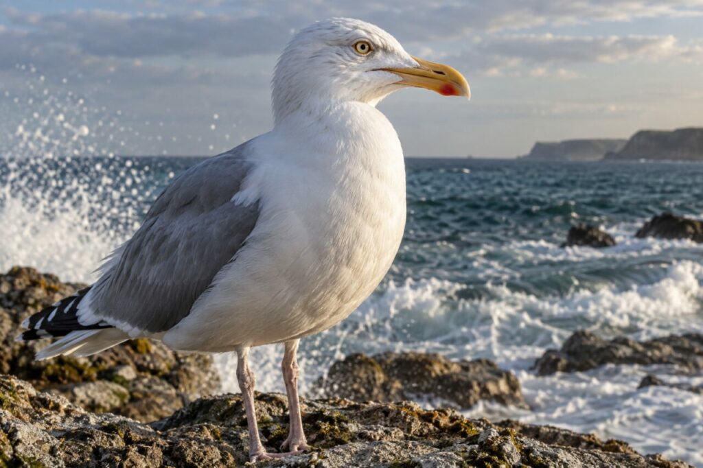 Gaviota argéntea de la costa templada — close portrait with sea spray behind