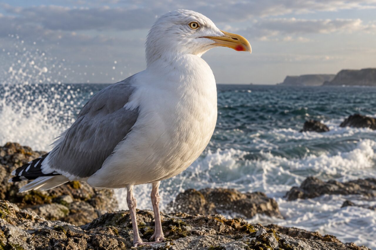 Gaviota argéntea de la costa templada — close portrait with sea spray behind