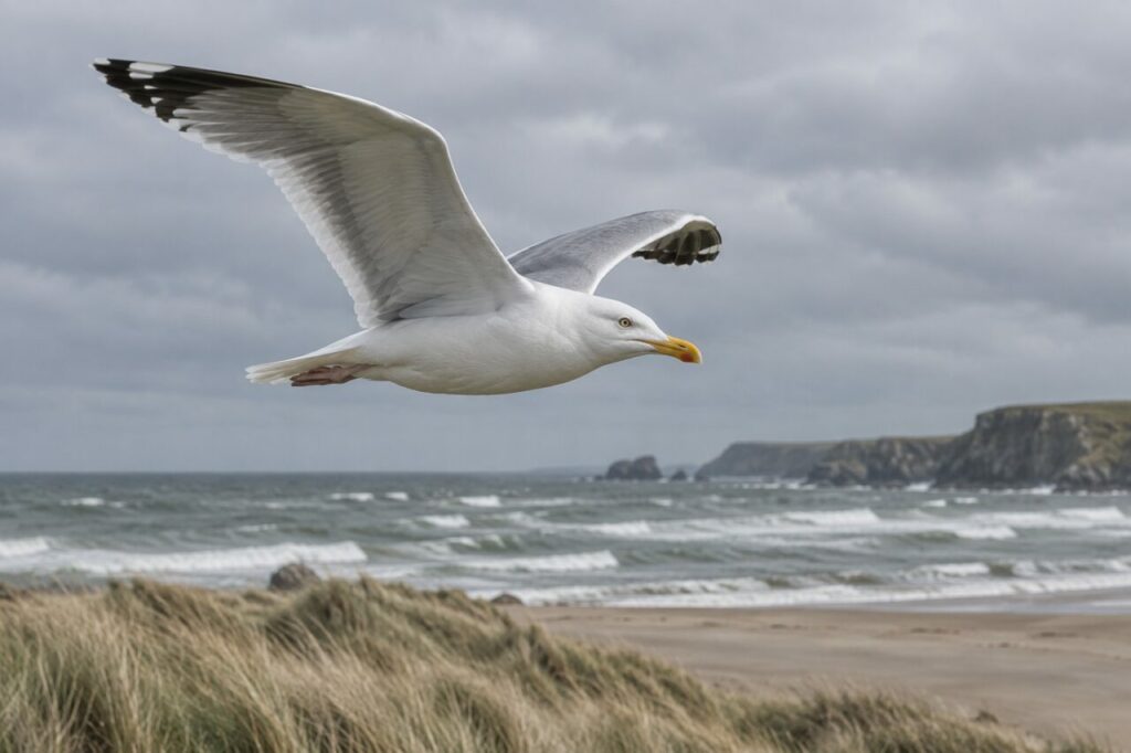 Gaviota argéntea de la costa templada — flying above a windswept beach
