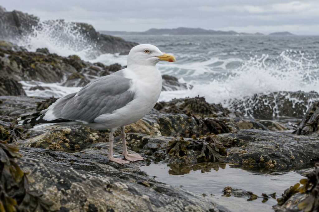 Gaviota argéntea de la costa templada — near tide pools under a grey sky