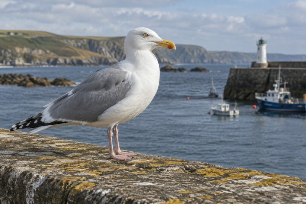 Gaviota argéntea de la costa templada — standing on a weathered harbour wall