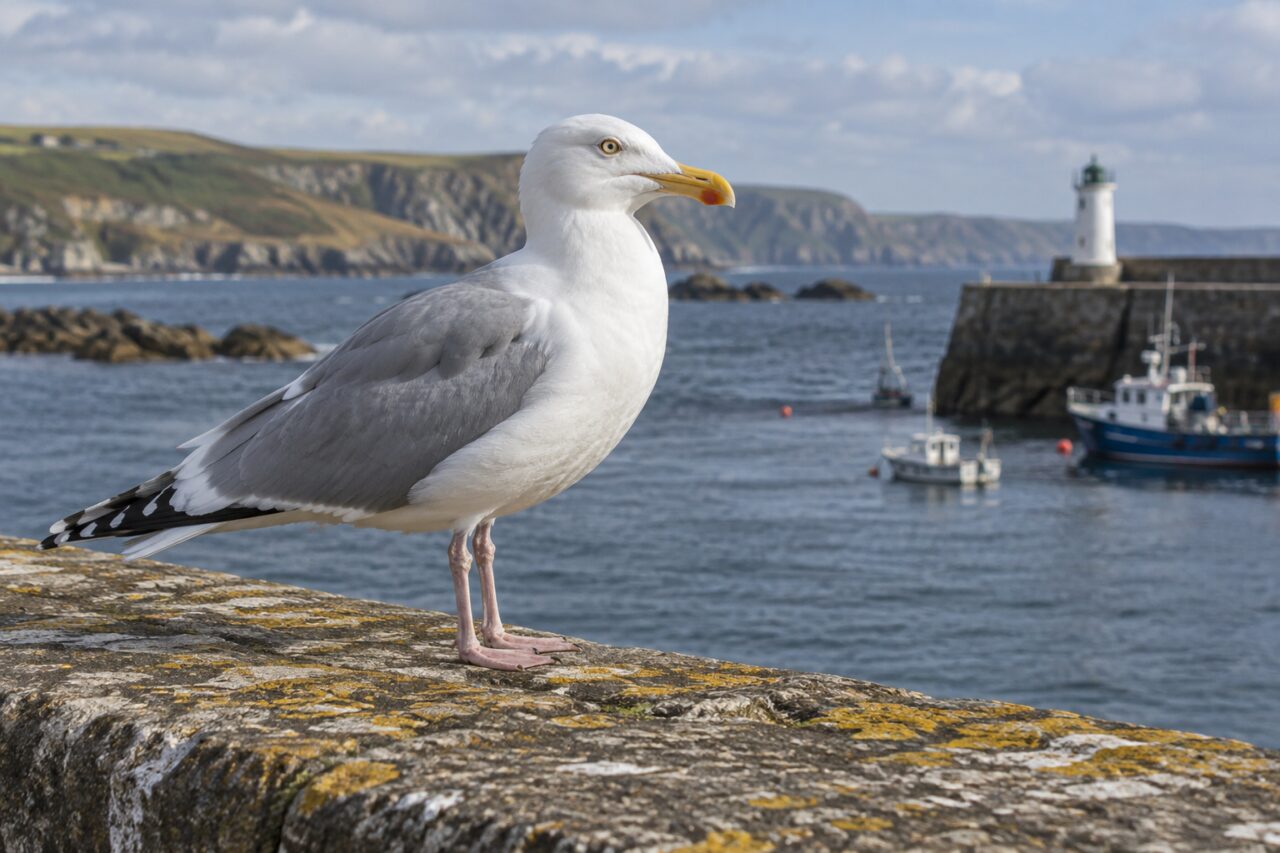 Silbermöwe an der gemäßigten Küste — standing on a weathered harbour wall
