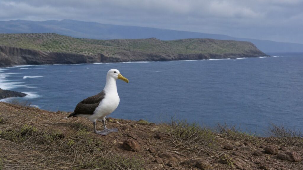 Albatro solitario davanti al mare blu e ai rilievi scuri — Grande albatro costiero