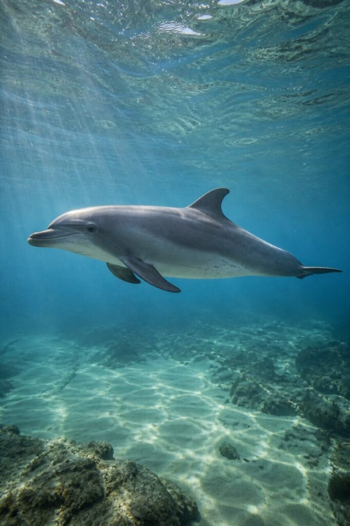 Großer Tümmler schwimmt unter klarem Wasser über einer europäischen Felsküste