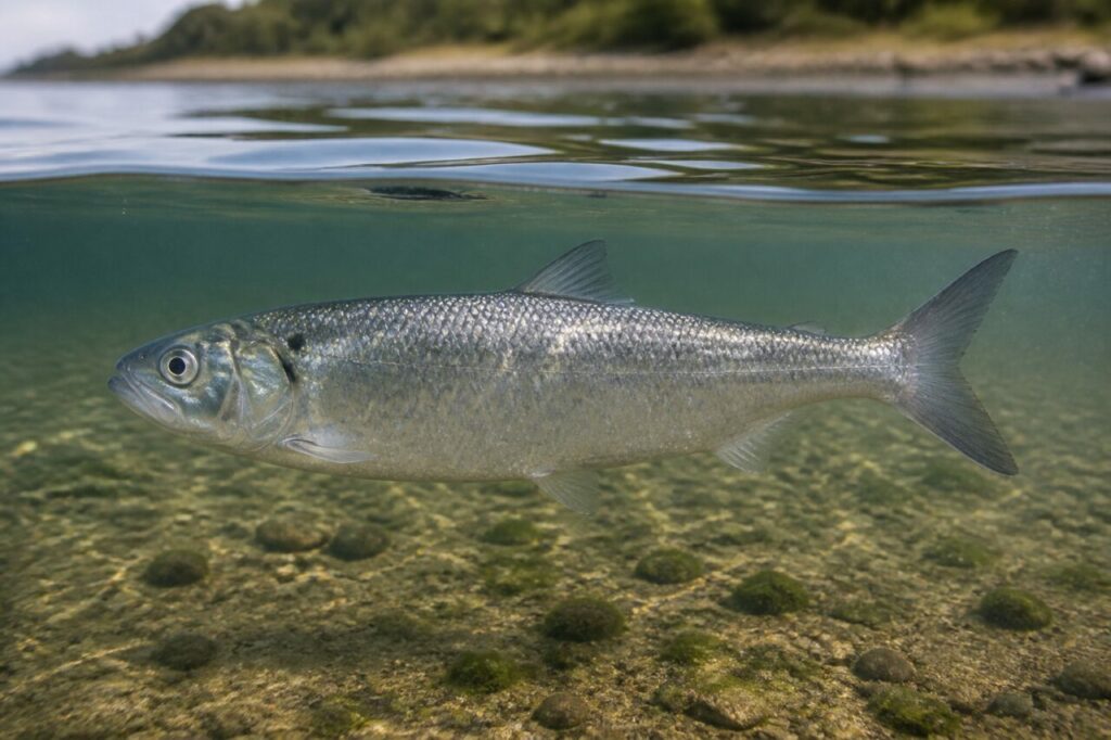 Alosa adulta sotto la superficie calma di un estuario europeo