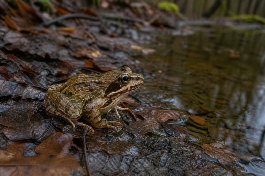 rana agile adulta accanto a una pozza forestale tra foglie di quercia bagnate