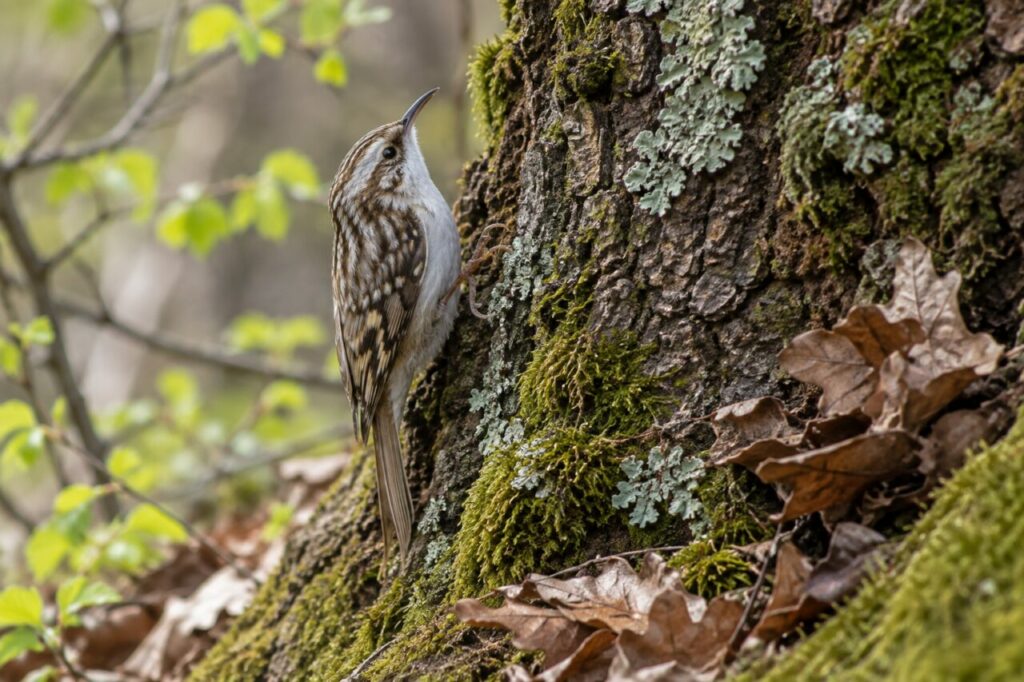 Agateador europeo de los bosques — near lichen and fallen leaves