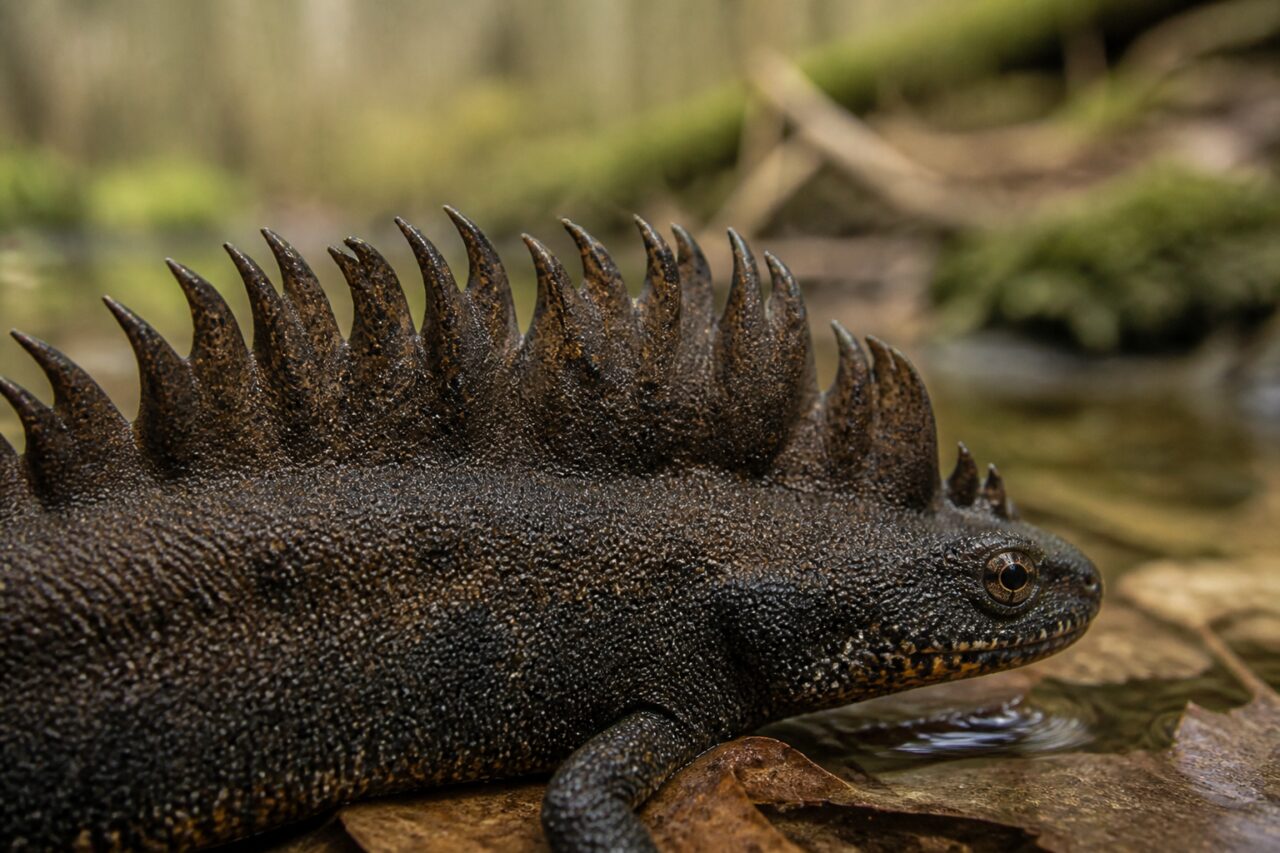 La cresta dorsal dentada de un tritón crestado