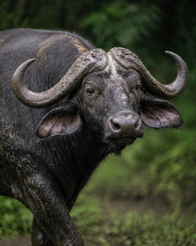Corna bagnate ai lati del muso chiazzato di fango — Bufalo africano
