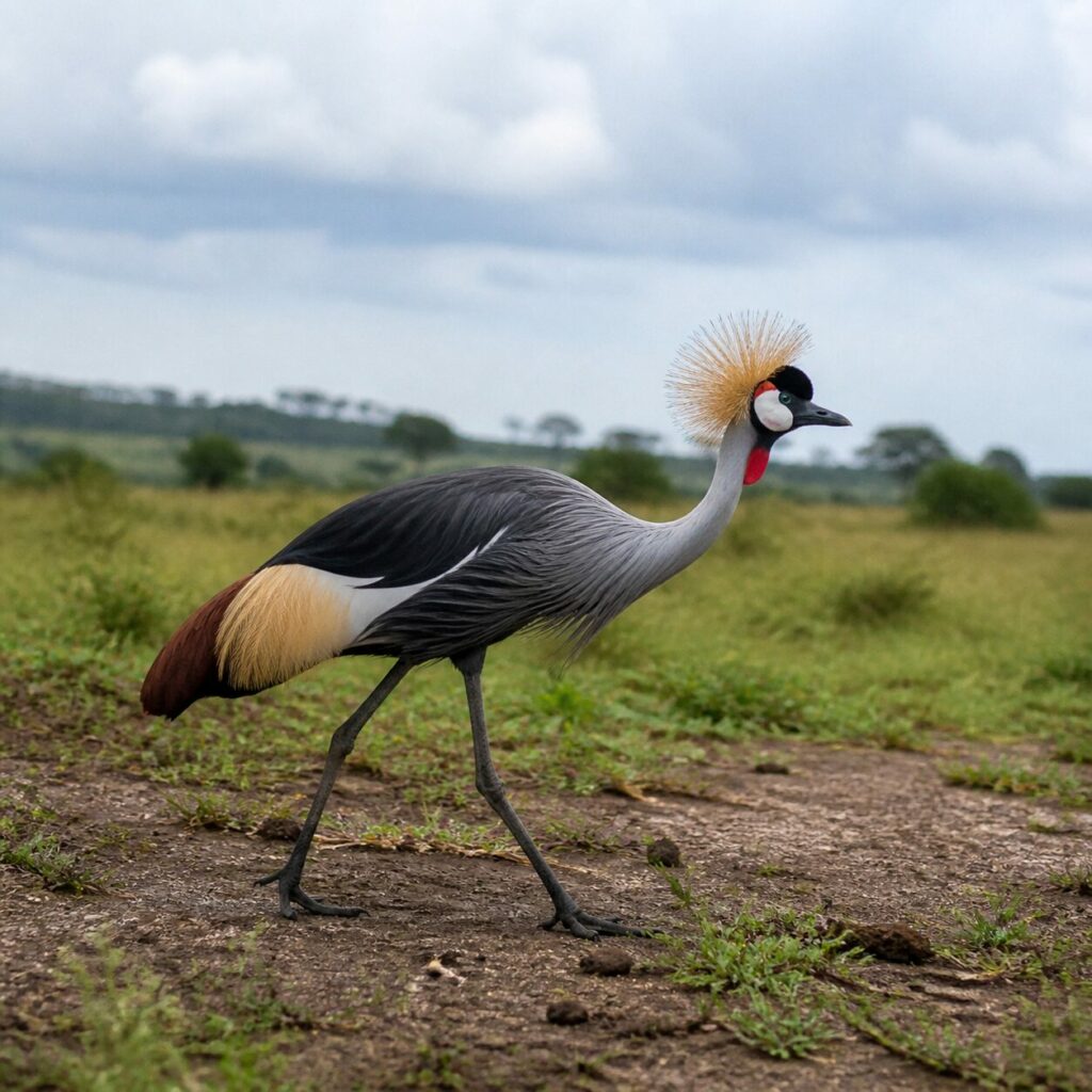 Ampia falcata sul terreno aperto sotto le nuvole — Gru coronata grigia