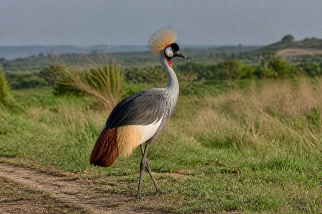 Gru coronata ferma nella prateria aperta — Gru coronata grigia