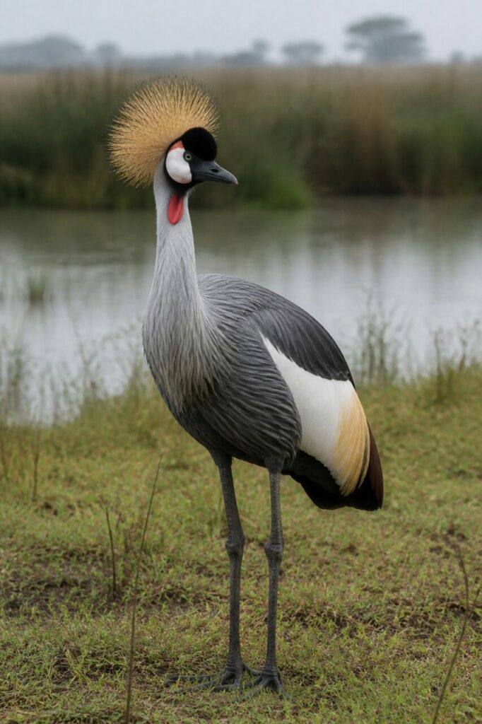 Corona dorata sopra una gru immobile ai margini della palude — Gru coronata grigia
