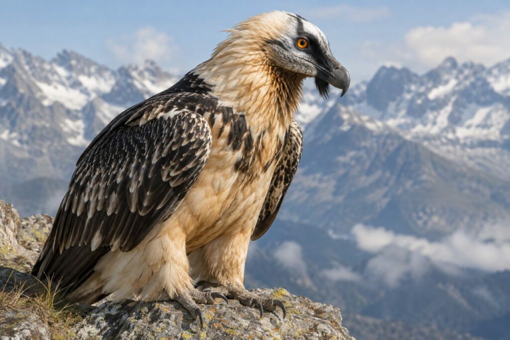 Gypaète barbu des Alpes — close portrait with a dark beard and amber eye