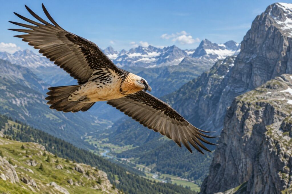 Quebrantahuesos de los Alpes — crossing a blue Alpine valley