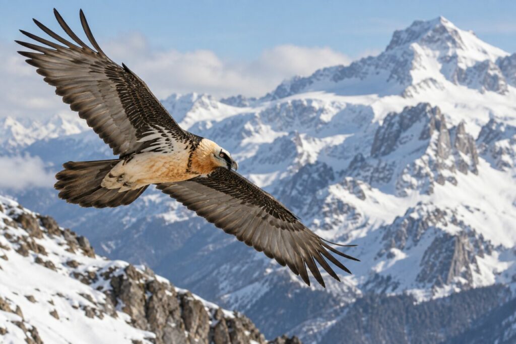 Quebrantahuesos de los Alpes — gliding above a snowy ridge