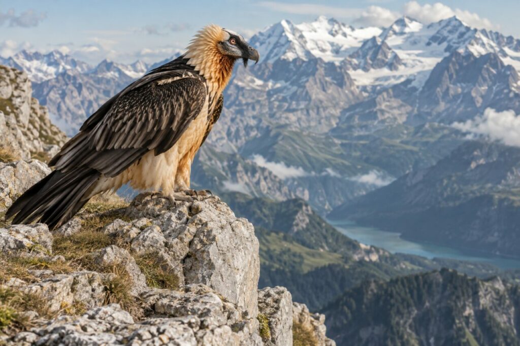 Quebrantahuesos de los Alpes — perched on a high limestone cliff